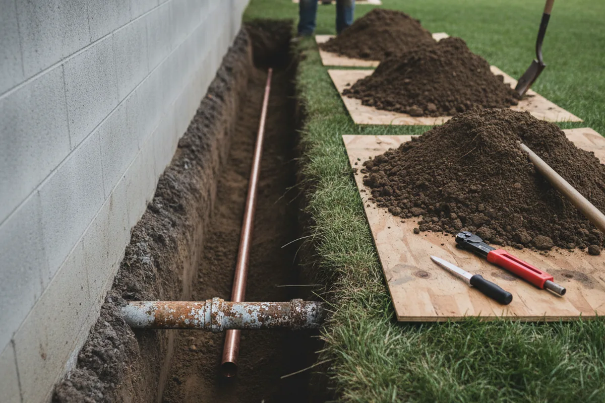 Excavated water line trench during Water Softener Installation in Swartz Creek